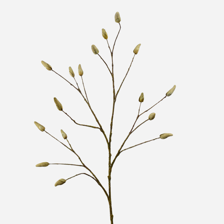 Kunststeel Magnolia met witte bloemknoppen is een kunststeel met een natuurgetrouwe uitstraling en een lengte van 122 cm.