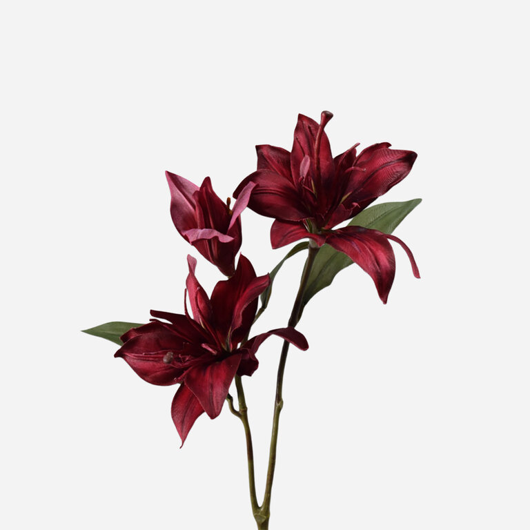 Kunststeel Lelie met paarse zijden bloem en groene bladeren is een kunststeel met een natuurgetrouwe uitstraling en een lengte van 71 cm.