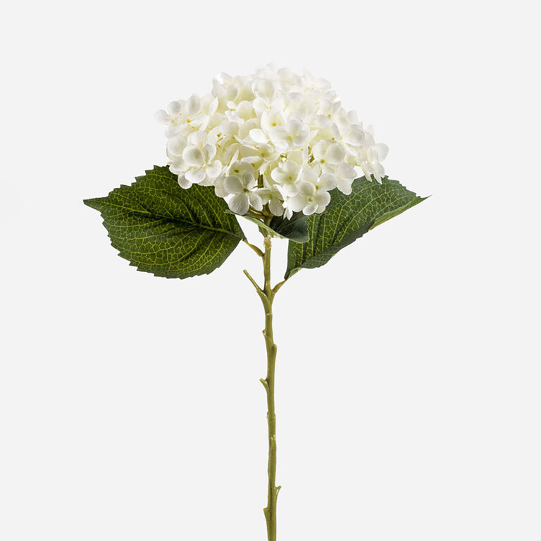 Kunststeel Hortensia met witte zijden bloem en groene bladeren is een kunststeel met een natuurgetrouwe uitstraling en een lengte van 52 cm.