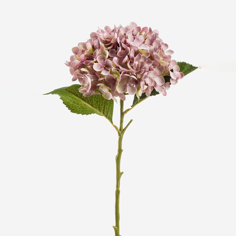Kunststeel Hortensia met paarse zijden bloem en groene bladeren is een kunststeel met een natuurgetrouwe uitstraling en een lengte van 52 cm.