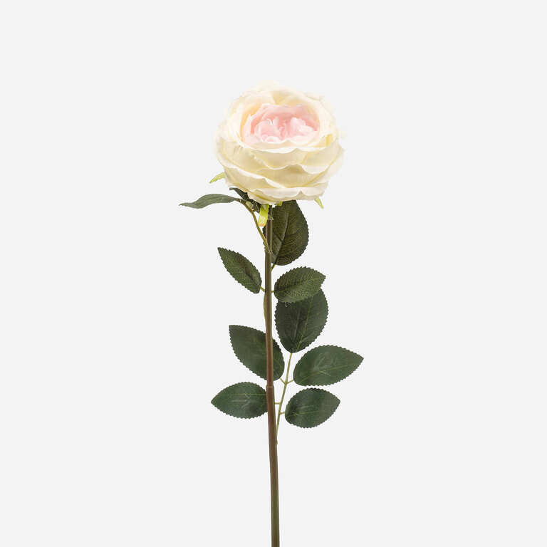 Kunststeel Roos met witroze zijden bloem en groene bladeren is een kunststeel met een natuurgetrouwe uitstraling en een lengte van 65 cm.