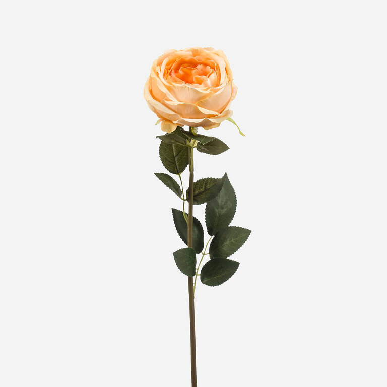 Kunststeel Roos met gele zijden bloem en groene bladeren is een kunststeel met een natuurgetrouwe uitstraling en een lengte van 65 cm.