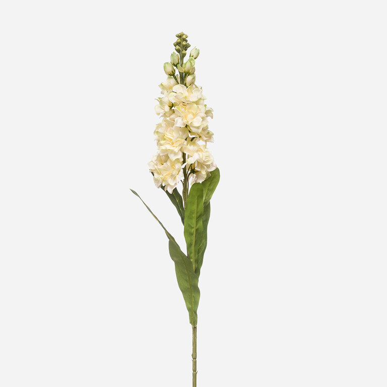 Kunststeel Matthiola met witte zijden bloemen en groene bladeren is een kunststeel met een natuurgetrouwe uitstraling en een lengte van 80 cm.