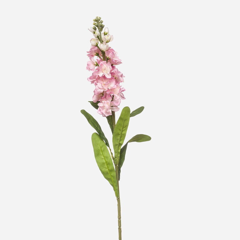 Kunststeel Matthiola met roze zijden bloemen en groene bladeren is een kunststeel met een natuurgetrouwe uitstraling en een lengte van 80 cm.