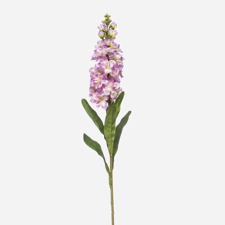 Kunststeel Matthiola met lichtpaarse zijden bloemen en groene bladeren is een kunststeel met een natuurgetrouwe uitstraling en een lengte van 80 cm.