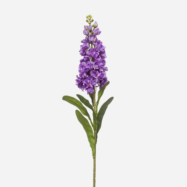 Kunststeel Matthiola met paarse zijden bloemen en groene bladeren is een kunststeel met een natuurgetrouwe uitstraling en een lengte van 80 cm.