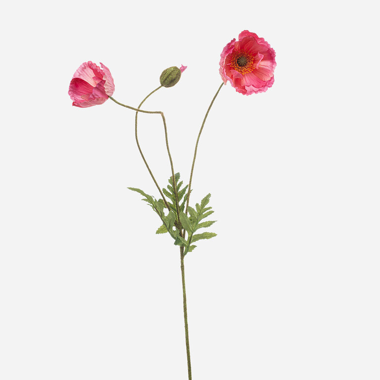 Kunststeel Papaver met roze zijden bloemen en groene bladeren is een kunststeel met een natuurgetrouwe uitstraling en een lengte van 75 cm.
