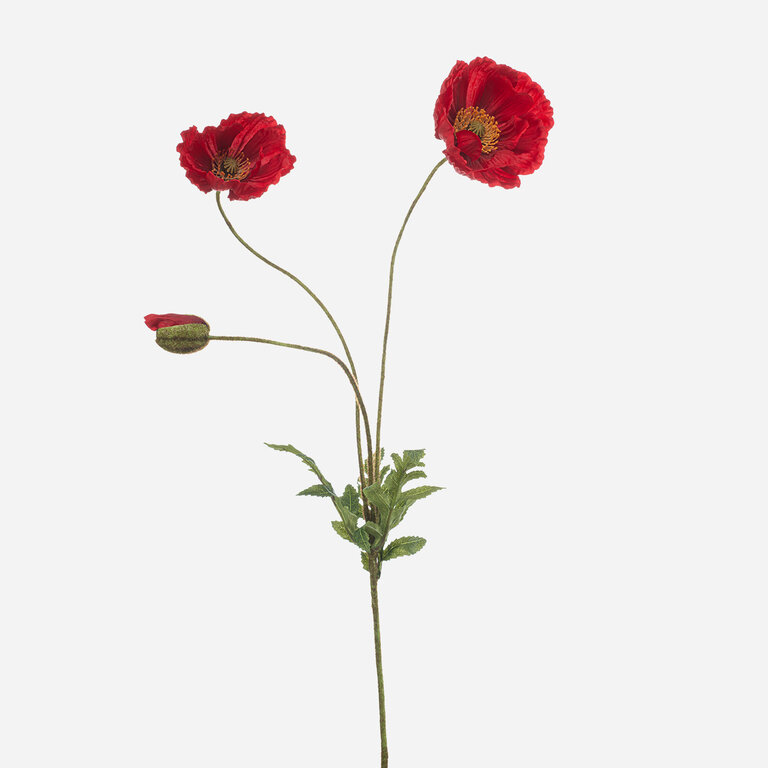 Kunststeel Papaver met rode zijden bloemen en groene bladeren is een kunststeel met een natuurgetrouwe uitstraling en een lengte van 75 cm.