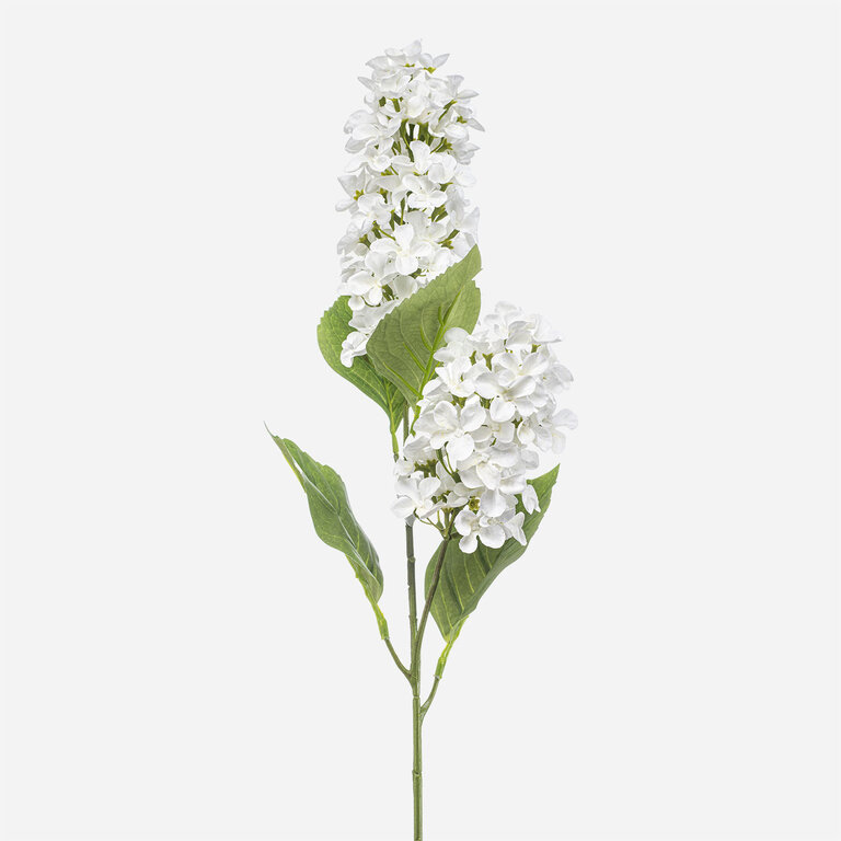 Kunststeel Hortensia met witte zijden bloemen en groene bladeren is een kunststeel met een natuurgetrouwe uitstraling en een lengte van 76 cm.