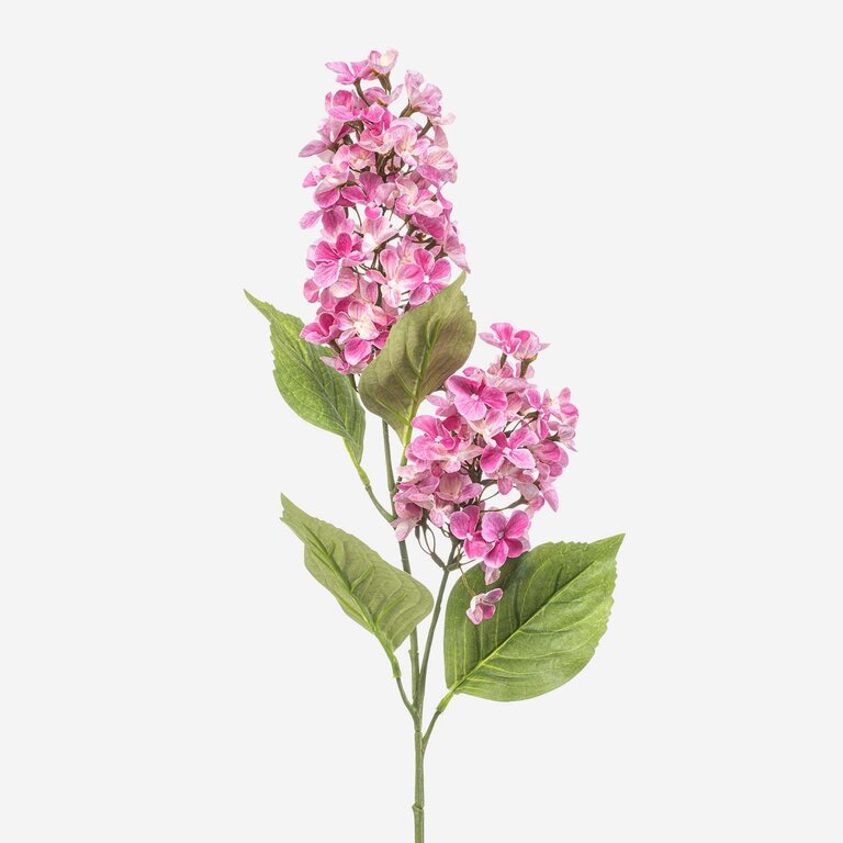Kunststeel Hortensia met roze zijden bloemen en groene bladeren is een kunststeel met een natuurgetrouwe uitstraling en een lengte van 76 cm.