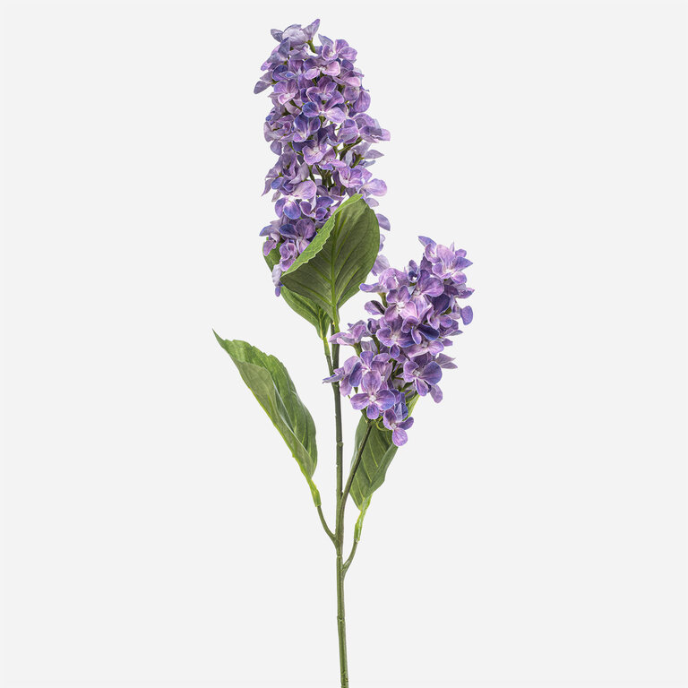Kunststeel Hortensia met paarse zijden bloemen en groene bladeren is een kunststeel met een natuurgetrouwe uitstraling en een lengte van 76 cm.
