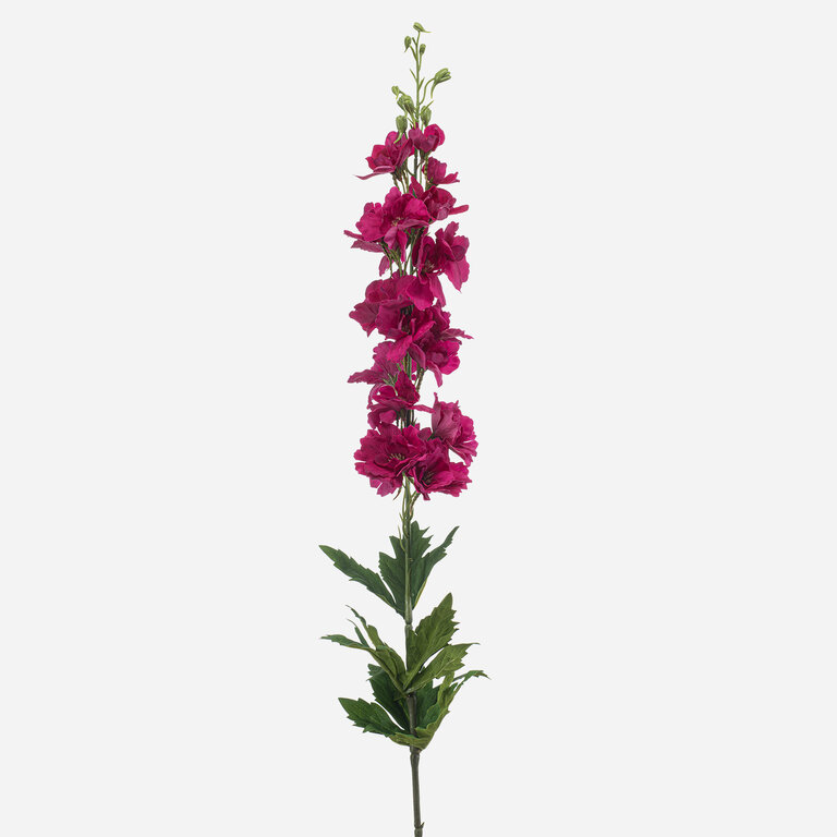 Kunststeel Delphinium met donkerroze zijden bloemen en groene bladeren is een kunststeel met een natuurgetrouwe uitstraling en een lengte van 90 cm.
