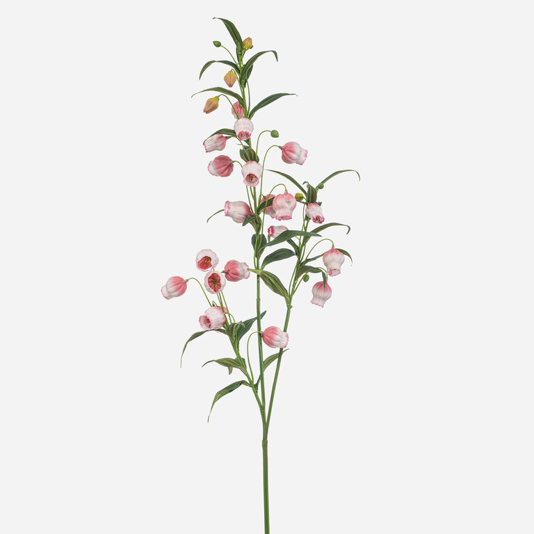 Kunststeel Sandersonia met roze zijden bloemen en groene bladeren is een kunststeel met een natuurgetrouwe uitstraling en een lengte van 110 cm.