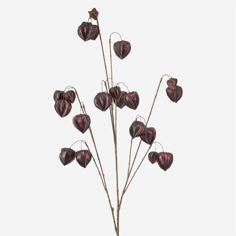 Kunststeel Physalis met paarse zijden bloemen is een kunststeel met een natuurgetrouwe uitstraling en een lengte van 110 cm.