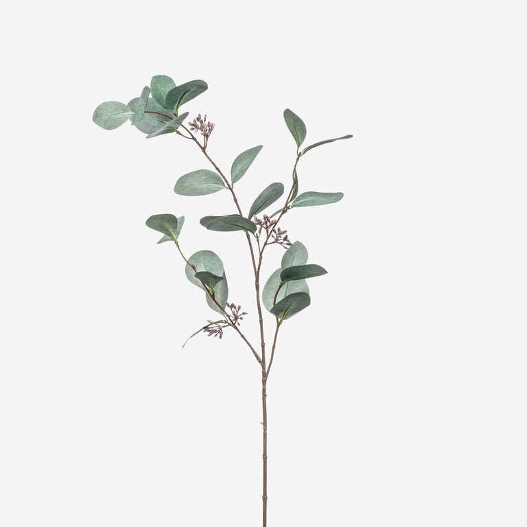Kunsttak Eucalyptus met groenroze bladeren is een kunststeel met een natuurgetrouwe uitstraling en een lengte van 97 cm.