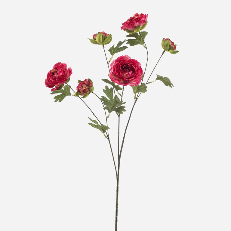 Kunststeel Ranonkel met roze zijden bloemen en groene bladeren is een kunststeel met een natuurgetrouwe uitstraling en een lengte van 78 cm.