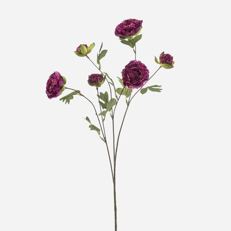 Kunststeel Ranonkel met paarse zijden bloemen en groene bladeren is een kunststeel met een natuurgetrouwe uitstraling en een lengte van 78 cm.