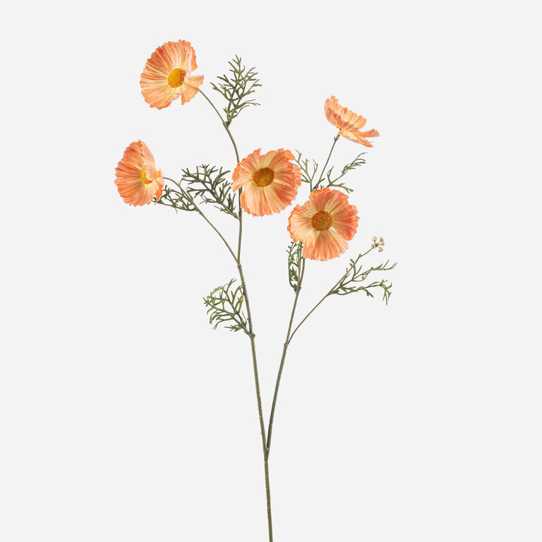 Kunststeel Cosmos met lichtroze zijden bloemen en groene bladeren is een kunststeel met een natuurgetrouwe uitstraling en een lengte van 70 cm.