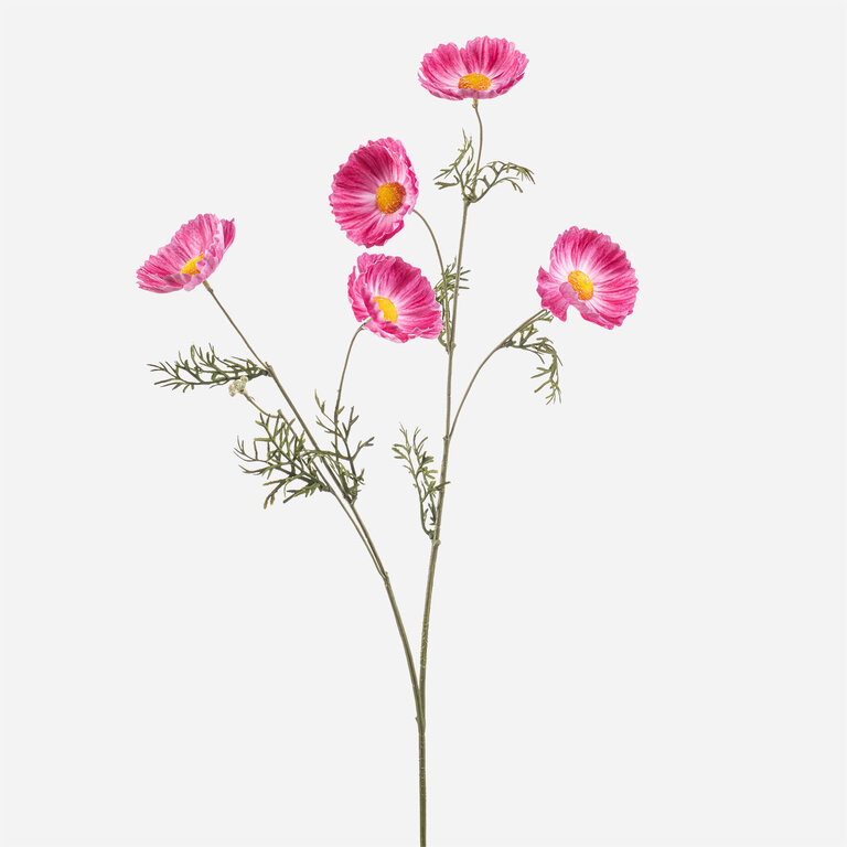 Kunststeel Cosmos met roze zijden bloemen en groene bladeren is een kunststeel met een natuurgetrouwe uitstraling en een lengte van 70 cm.
