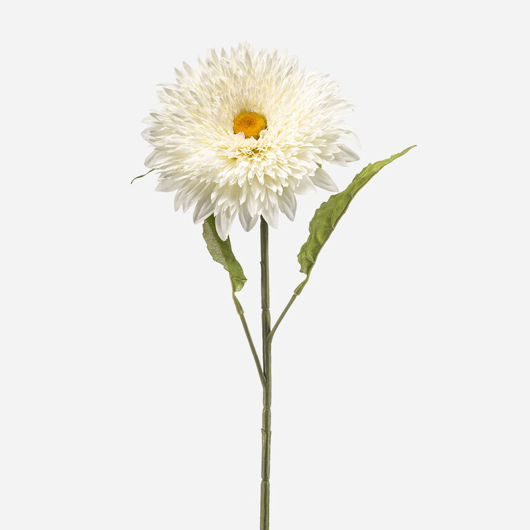 Kunststeel Helianthus met witte zijden bloem en groene bladeren is een kunststeel met een natuurgetrouwe uitstraling en een lengte van 65 cm.