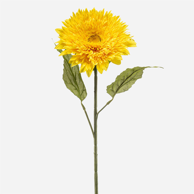Kunststeel Helianthus met gele zijden bloem en groene bladeren is een kunststeel met een natuurgetrouwe uitstraling en een lengte van 65 cm.