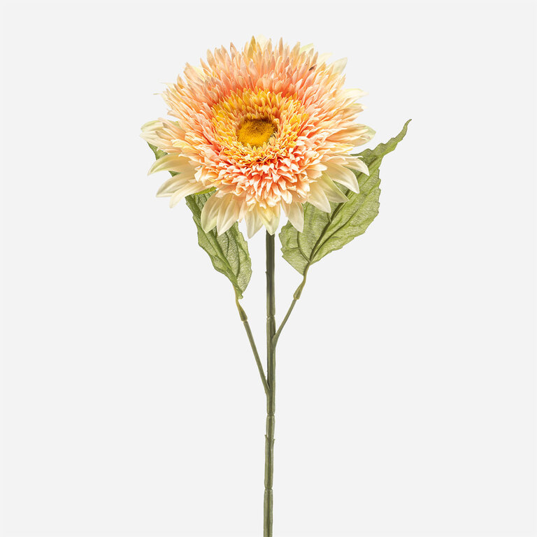 Kunststeel Helianthus met roze zijden bloem en groene bladeren is een kunststeel met een natuurgetrouwe uitstraling en een lengte van 65 cm.