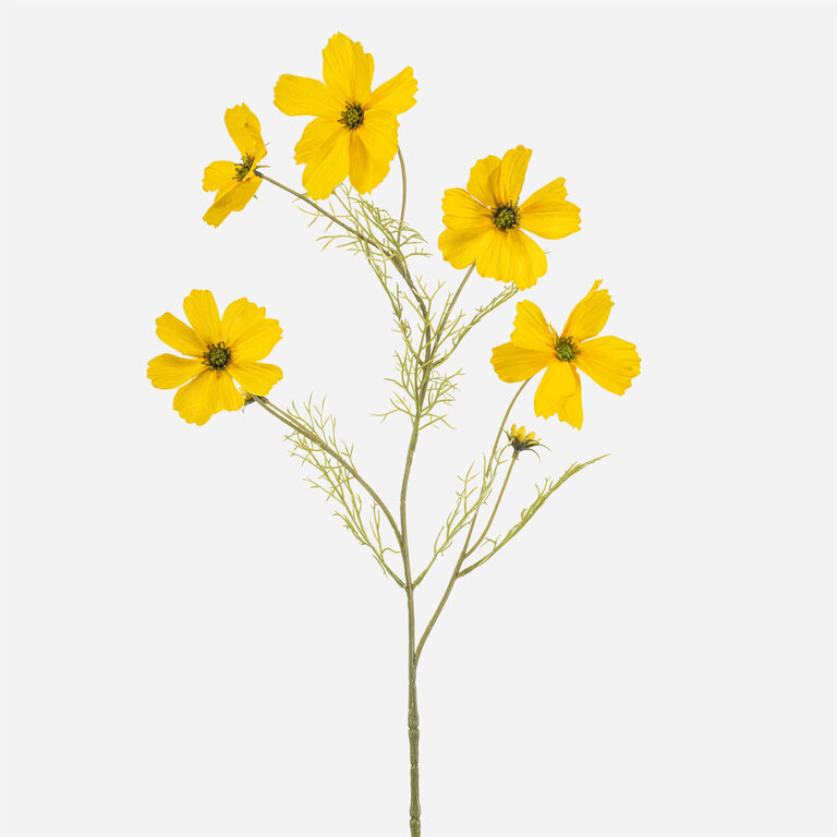 Kunststeel Cosmos met gele zijden bloemen en groene bladeren is een kunststeel met een natuurgetrouwe uitstraling en een lengte van 75 cm.