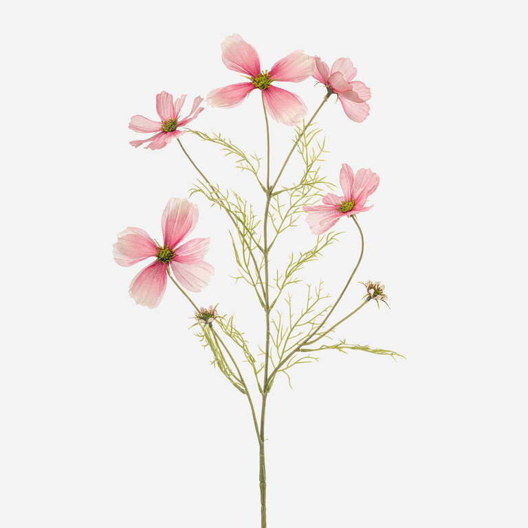 Kunststeel Cosmos met lichtroze zijden bloemen en groene bladeren is een kunststeel met een natuurgetrouwe uitstraling en een lengte van 75 cm.