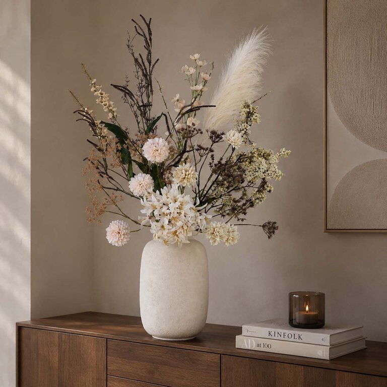 Zijden bloemen boeket Molly Faye is een groot en organisch herfstboeket van kunstbloemen in witte, beige en bruine tinten.