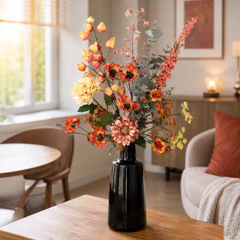 Zijden bloemen boeket Josie Rae is een groot en warm herfstboeket van kunstbloemen in oranje, roze, gele en groene tinten.