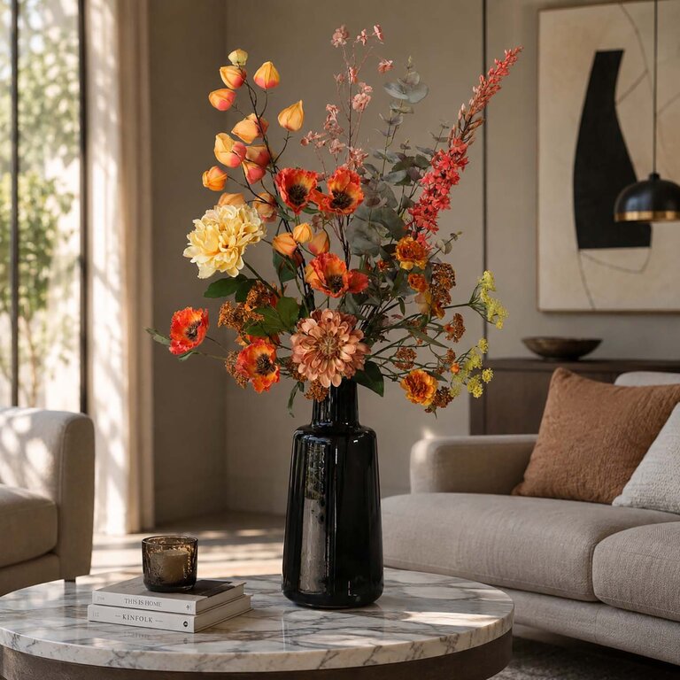 Zijden bloemen boeket Josie Rae is een groot en warm herfstboeket van kunstbloemen in oranje, roze, gele en groene tinten.