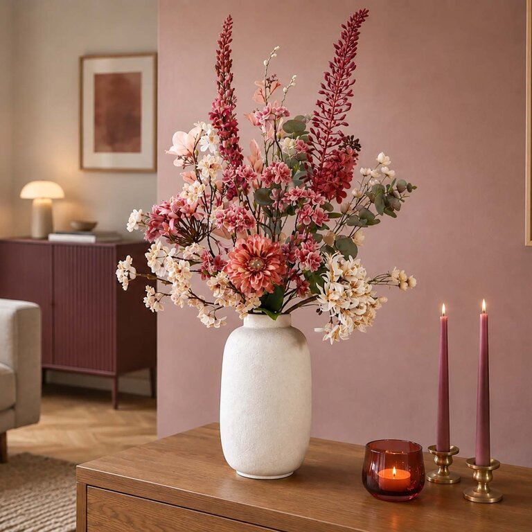 Zijden bloemen boeket Nora Ember is een groot en zacht herfstboeket van kunstbloemen in roze, beige en crème tinten.