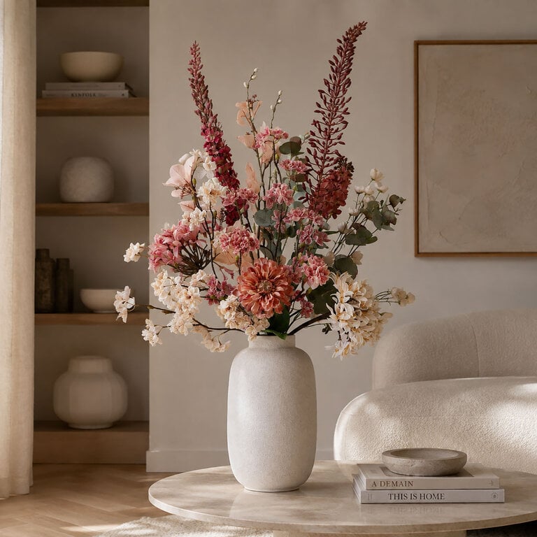 Zijden bloemen boeket Nora Ember is een groot en zacht herfstboeket van kunstbloemen in roze, beige en crème tinten.