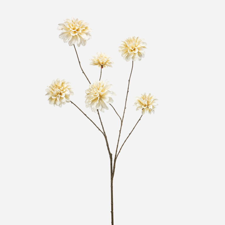 Kunststeel Dahlia met witte zijden bloemen is een kunststeel met een natuurgetrouwe uitstraling en een lengte van 110 cm.