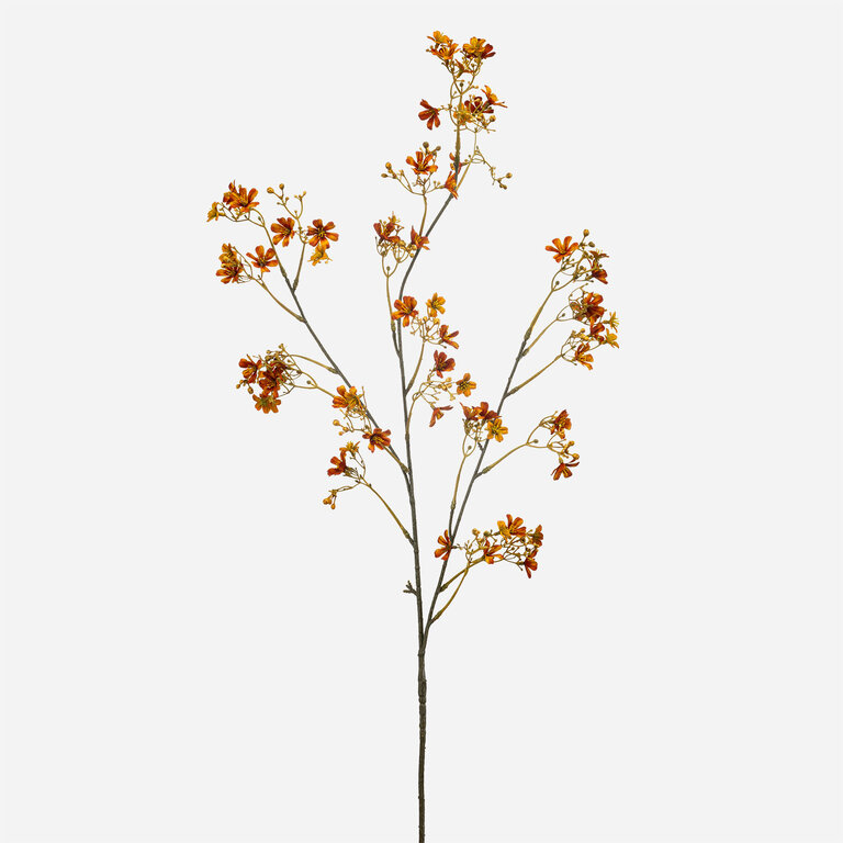 Kunststeel Daphne met oranje zijden bloemen is een kunststeel met een natuurgetrouwe uitstraling en een lengte van 105 cm.