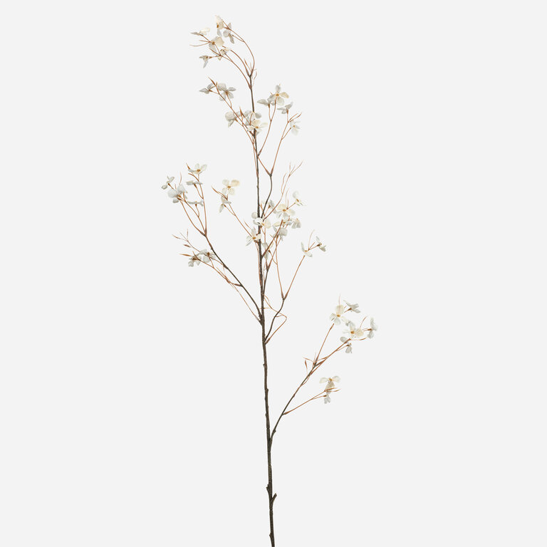 Kunststeel Hortensia met witte zijden bloemen is een kunststeel met een natuurgetrouwe uitstraling en een lengte van 110 cm.
