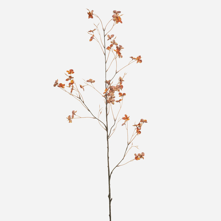 Kunststeel Hortensia met oranje zijden bloemen is een kunststeel met een natuurgetrouwe uitstraling en een lengte van 110 cm.