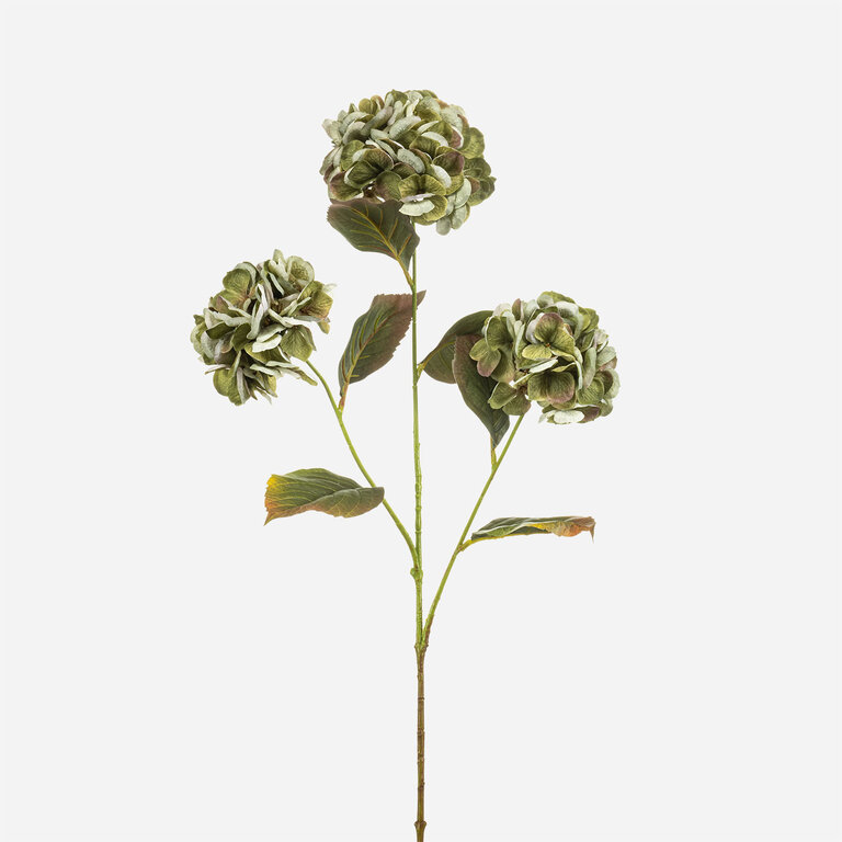 Kunststeel Hortensia met groene zijden bloemen en groene bladeren is een kunststeel met een natuurgetrouwe uitstraling en een lengte van 77 cm.
