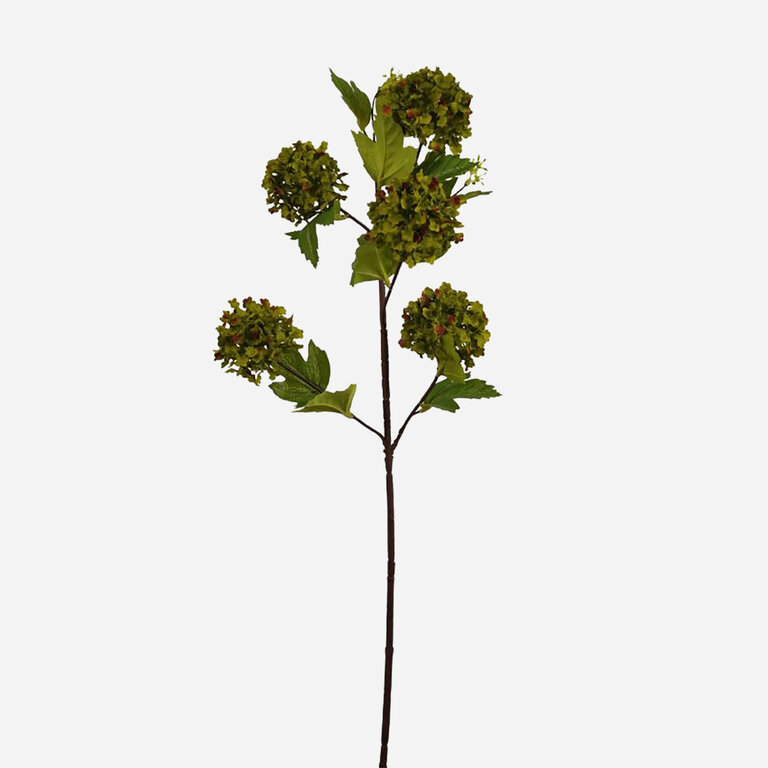 Kunststeel Sneeuwbal met groene zijden bloemen en groene bladeren is een kunststeel met een natuurgetrouwe uitstraling en een lengte van 77 cm.