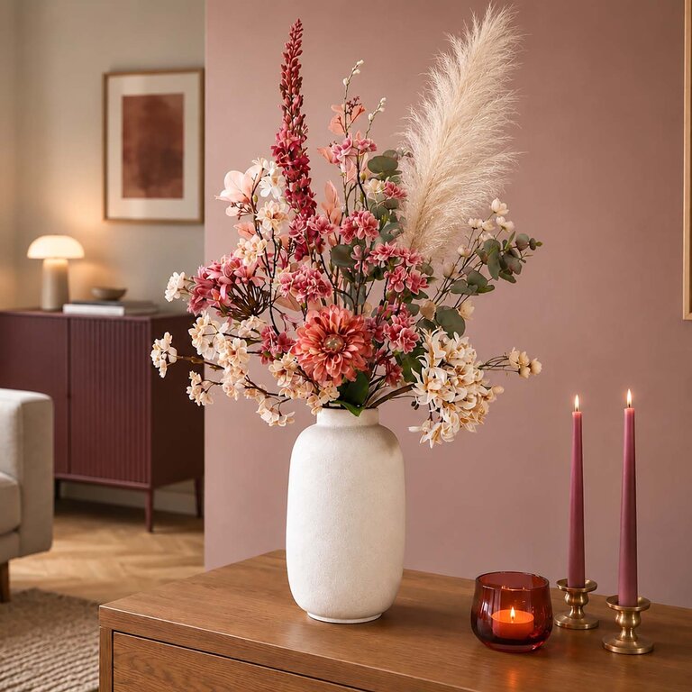 Zijden bloemen boeket Nora Ember is een groot en zacht herfstboeket van kunstbloemen in roze, beige en crème tinten.