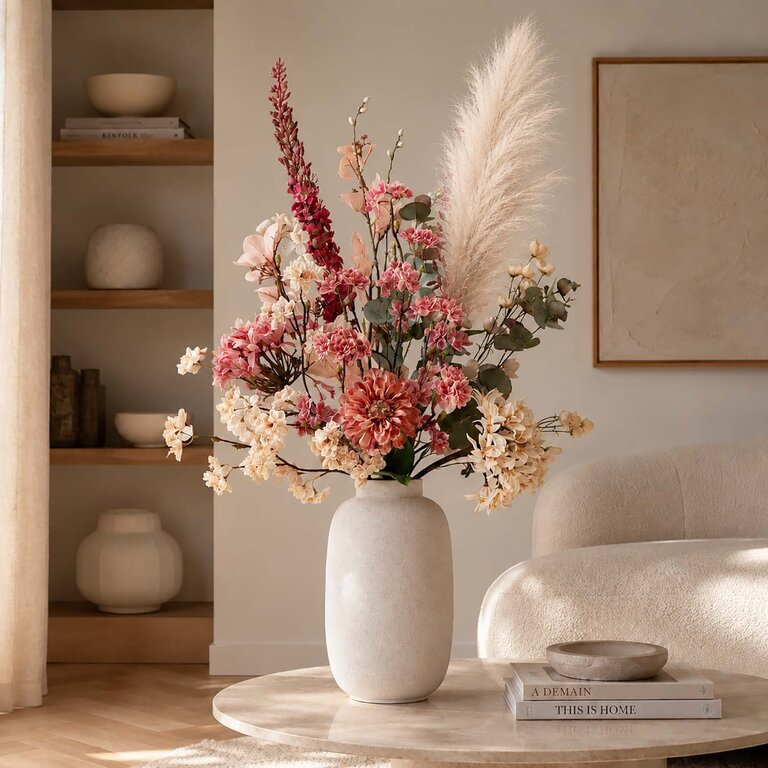 Zijden bloemen boeket Nora Ember is een groot en zacht herfstboeket van kunstbloemen in roze, beige en crème tinten.