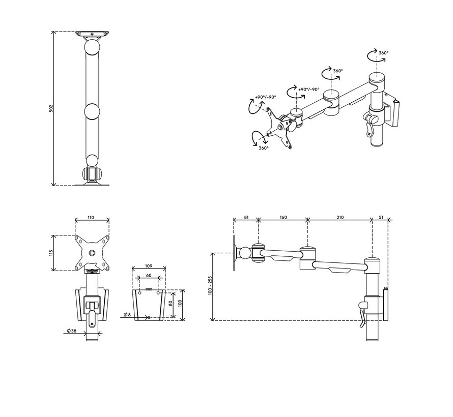 Viewmate 052 Monitor Arm Muur Bevestiging