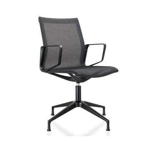 Design Mesh Zwarte Vergaderstoel met zwart gelakt aluminium frame – draaibaar op vaste hoogte – met vloerdoppen