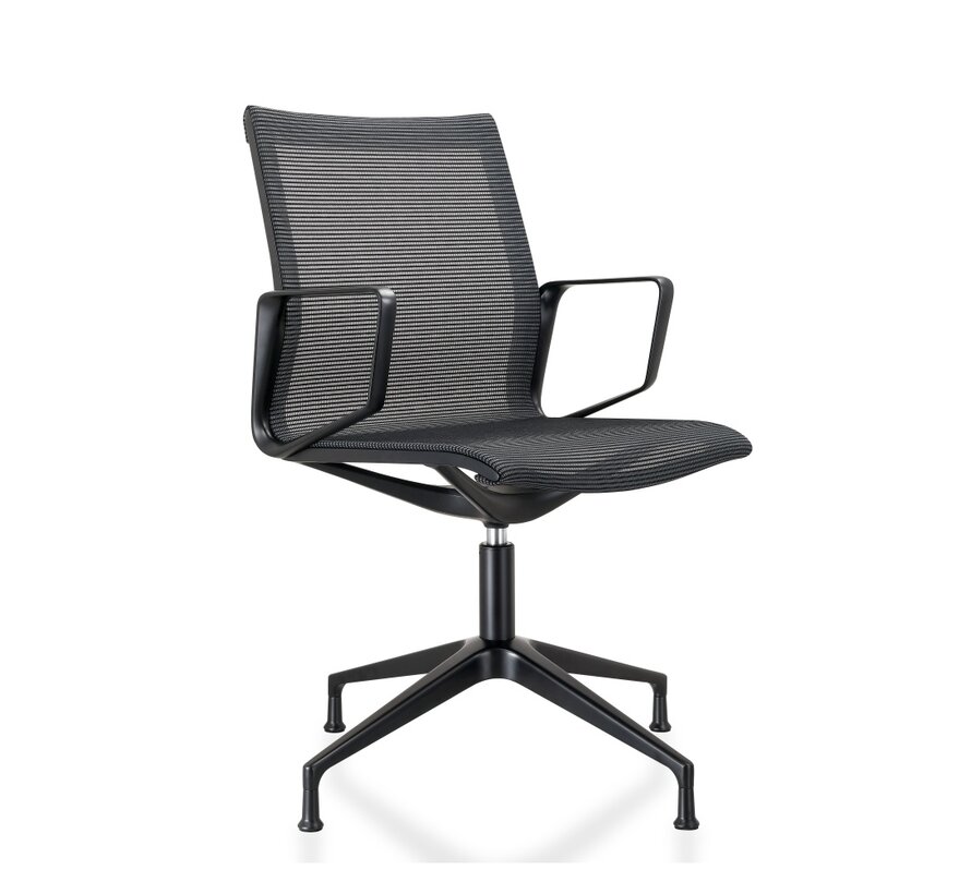 Design Mesh Zwarte Vergaderstoel met zwart gelakt aluminium frame – draaibaar op vaste hoogte – met vloerdoppen