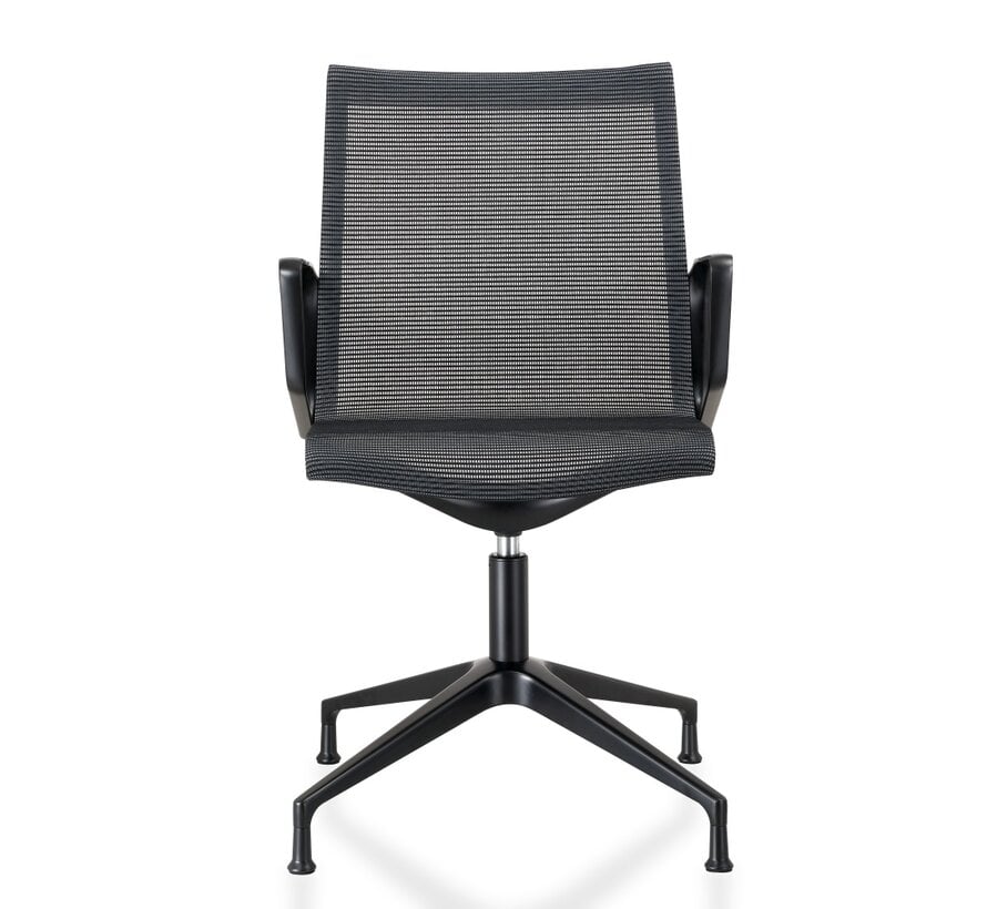 Design Mesh Zwarte Vergaderstoel met zwart gelakt aluminium frame – draaibaar op vaste hoogte – met vloerdoppen