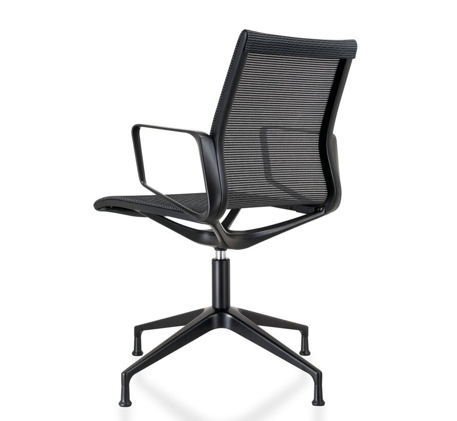 Design Mesh Zwarte Vergaderstoel met zwart gelakt aluminium frame – draaibaar op vaste hoogte – met vloerdoppen