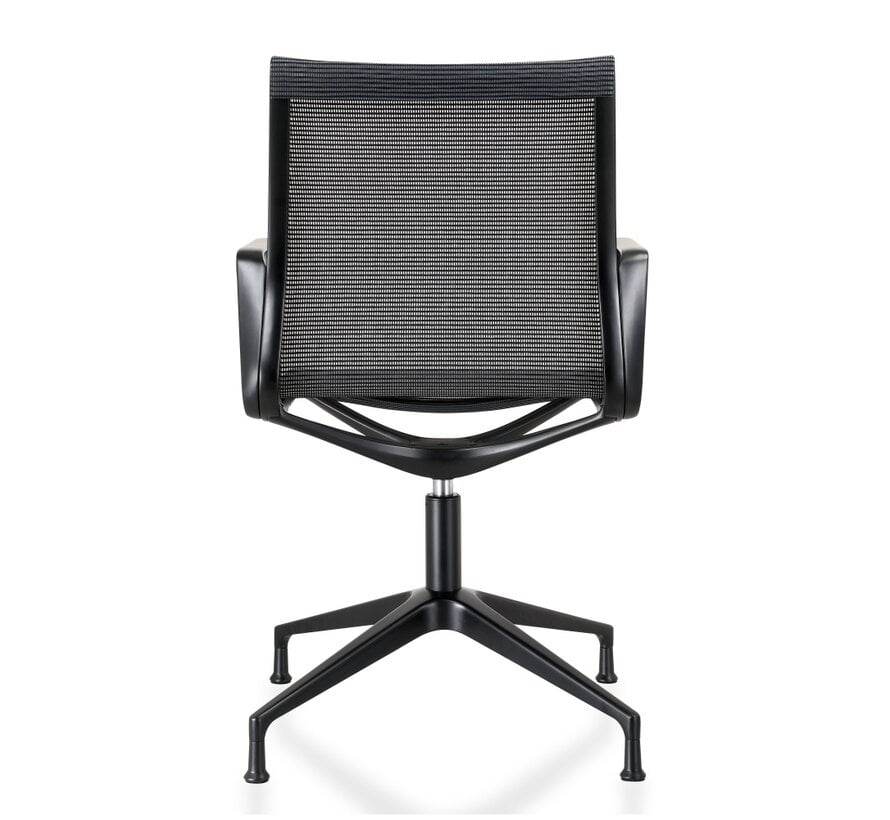 Design Mesh Zwarte Vergaderstoel met zwart gelakt aluminium frame – draaibaar op vaste hoogte – met vloerdoppen