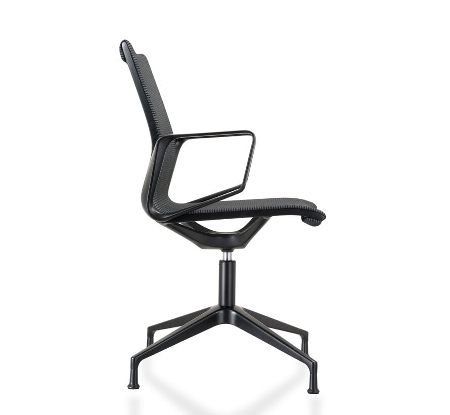 Design Mesh Zwarte Vergaderstoel met zwart gelakt aluminium frame – draaibaar op vaste hoogte – met vloerdoppen
