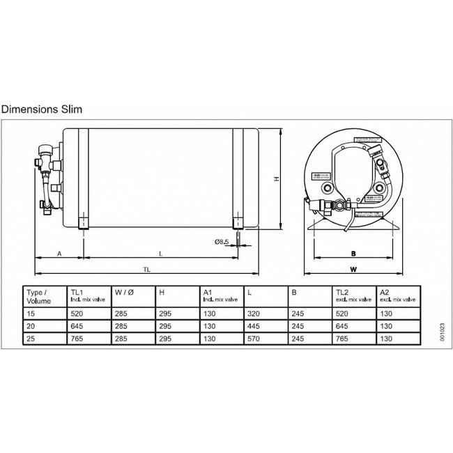 Isotherm / Isotemp Boiler Slim, 20L, 230V/750W met mengventiel