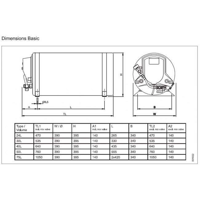 Isotherm / Isotemp WATERHEATER BASIC 30L 230V/750W WITH MIX